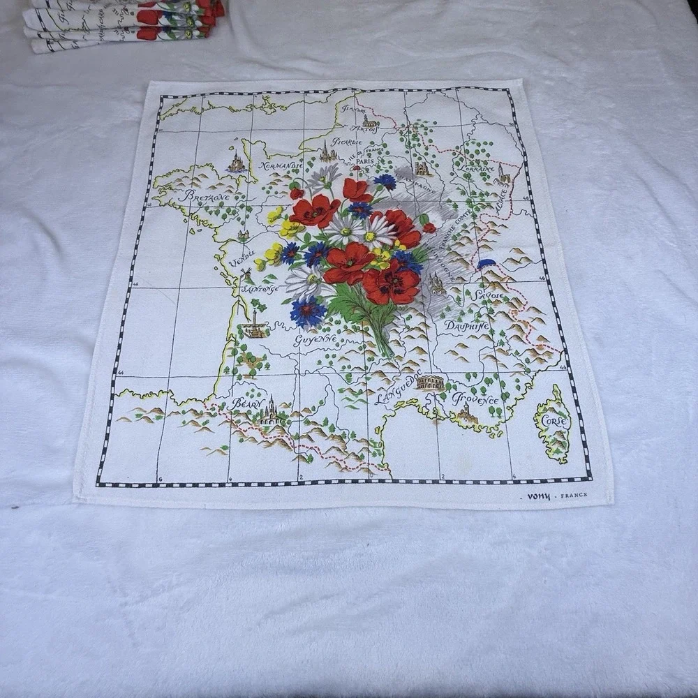 Vintage Vony France Tea Towels Set of 5 Floral Map Kitchen Linens MCM Decor